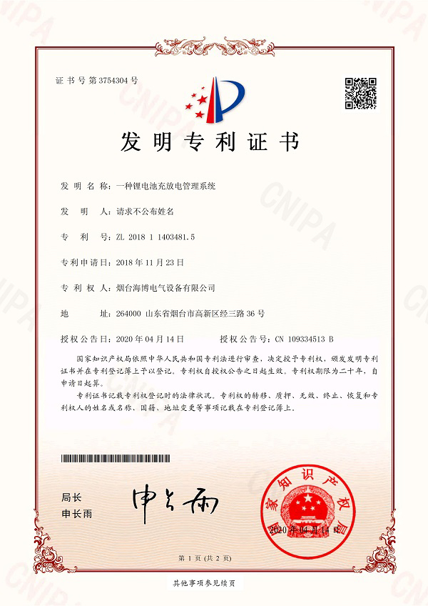 Haibo Electric won the patent certificate for the invention of lithium battery charging and discharging management system